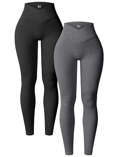 OQQ Women's 2 Piece Yoga Leggings Ribbed Seamless Workout High Waist Cross Over Athletic Exercise Leggings - Image 1