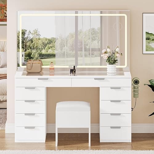 YITAHOME Vanity Set, Makeup Vanity Desk with Adjustable LED Mirror, Power Outlets, 10 Drawers, Magnifying Glass, Tempered Glass Top, Hairdryer Holder, Stool for Bathroom, Makeup Room - Pure White - LED Strip with 10 Drawers - Image 1