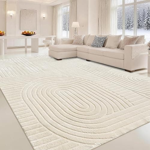 MATIIUI Beige Solid Area Rug 8x10, Washable Rugs for Living Room Bedroom | Modern Neutral Boho Geometric High-Low Pile Carpet, Soft, Fluffy Non-Slip Rugs for Nursery, Kids Room, Apartment, Home Office - Image 1