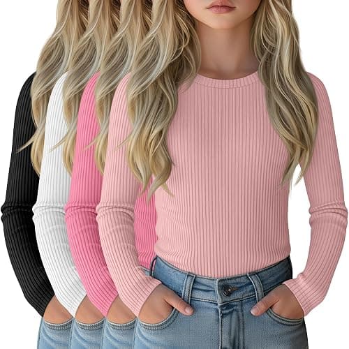 LessonZoo 4 Pack Girls Long Sleeve Shirts Ribbed Knit Cotton Crewneck Tops Slim Fit Soft Casual Kids Base Layer Undershirts - Image 1