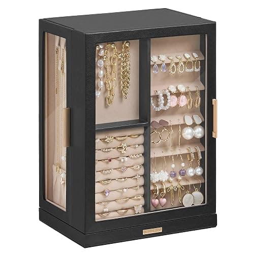 Glimmloop 360° Rotating Jewelry Box with 7 Drawers, Spacious Vertical Jewelry Organizer with Glass Window, Jewelry Storage Case, Dustproof & Moisture-resistant Design, Black - Image 1