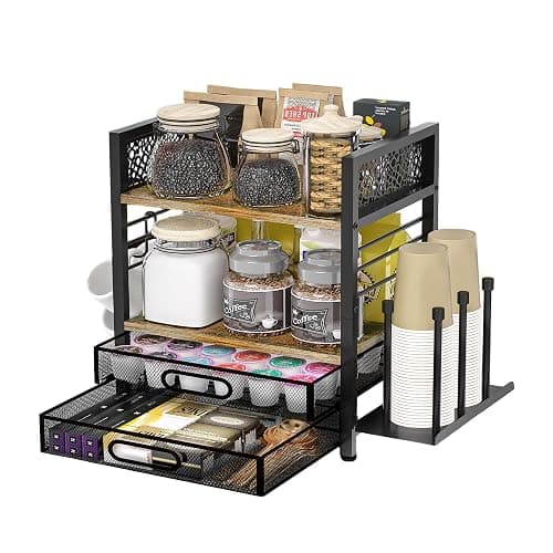 VIPLEEO Coffee Bar Organizer - 4 Tier Coffee Station Organizer for Countertop, Coffee Bar Storage with 4 Hooks, with K Cup Storage Drawer and Cup Holder, Multifunctional Shelf for Accessories Kitchen - Image 1