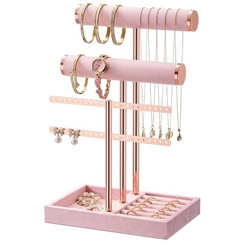 bussdis 3 Tier Bracelet Holder Display - Detachable T Bar Pink Velvet Bracelet Holder, Jewelry Holder Organizer for Bracelet, Necklace, Earrings, Rings - Image 1