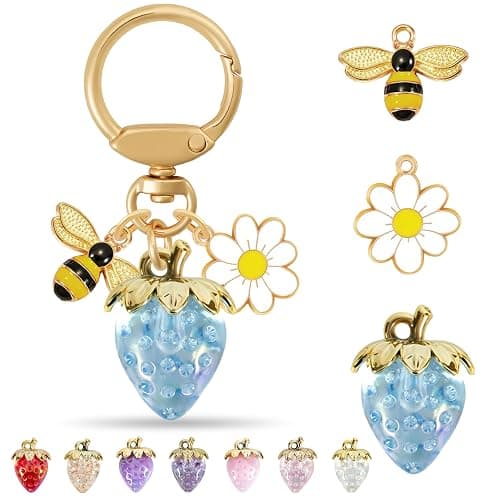 ANHBKAR Strawberry Bag Charm with Keychain Accessories for Women, Girls | Cute Flower, Bee, Ladybug and Rabbit Charm Styles Available - Image 1