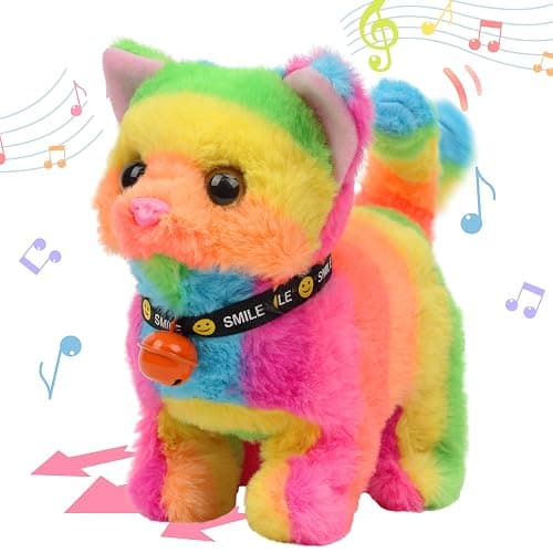Hopearl Walking Cat Interactive Electronic Pet Plush Kitty Toy with Sounds and Movements Animated Meow Shake Head Wiggle Tail Gifts for Toddlers Birthday, Rainbow, 7'' - Image 1
