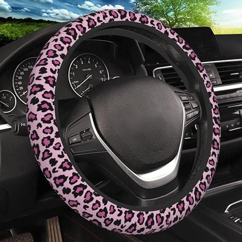 Pink Leopard Print Elastic Steering Wheel Cover, Non-Slip Breathable Neoprene Steering Wheel Covers, Women Pink Car Accessories, Universal 15 Inch Fit Auto, Suvs, Truck - Image 1
