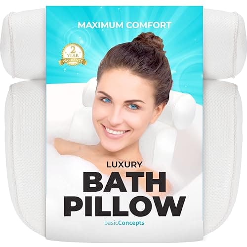 BASIC CONCEPTS Bathtub Pillow for Neck and Back Support with Drying Hook, Bathtub Pillow Machine Headrest for Soaking & Straight Back Tubs - Bath Accessories, Machine Washable, 6 Suction Cups - Image 1
