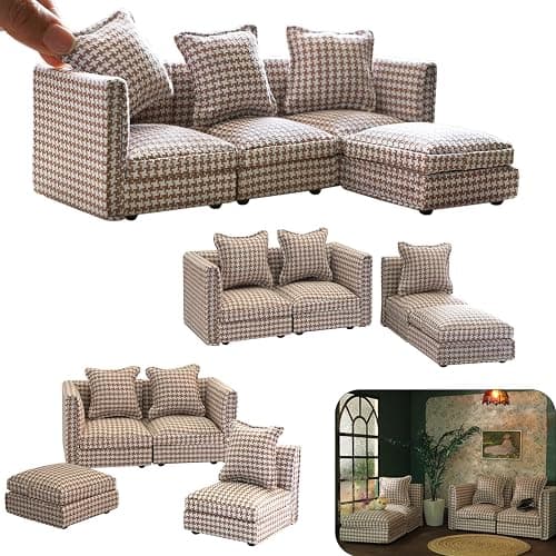 iLAND Dollhouse Furniture Miniature Sectional Couch Set for Doll House Décor Fit 1/12 Scale Accessories, Modern Brown Houndstooth Sofa Timeless & Classic - Image 1