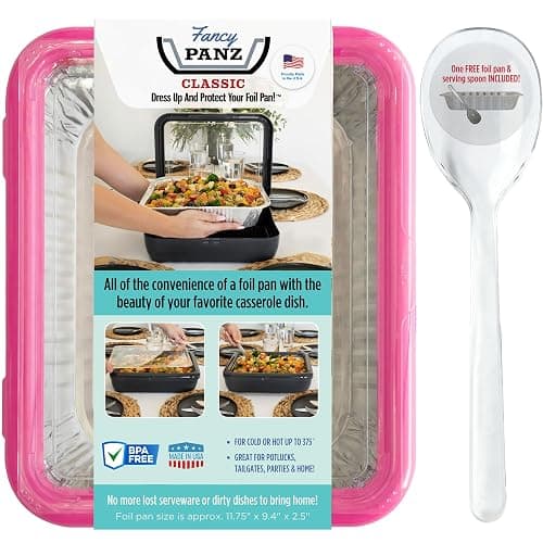 Fancy Panz Classic, Food Serving Tray, Made in the USA Foil Pan Carrier, Stackable Aluminum Pan Holders with Clear Lid, Travel Casserole Carrier With 1 Disposable Foil Pan & Serving Spoon, Hot Pink - Hot Pink - Image 1