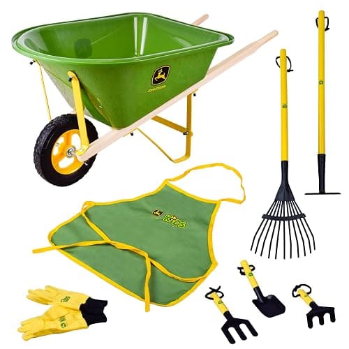 John Deere Deluxe 34" Wheelbarrow and Garden Set Includes 5 Realistic Gardening Tools,Gardening Apron, Gardening Gloves, Large Metal Wheelbarrow with Wooden Handles, Outdoor Toy Ages 5+ - Image 1