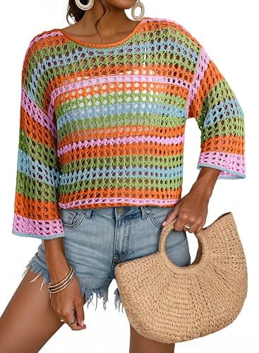 Dokotoo Womens Spring Summer 3/4 Sleeve Crochet Sweater Hollow Out Color Block Striped Tops Casual Beach Vacation Cover Ups - Image 1