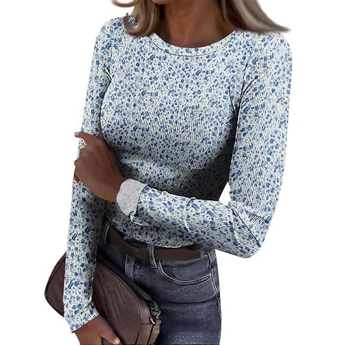 Long Sleeve Shirts for Women Crewneck Sexy Basic T-Shirts Casual Fall Flower Printing Slim Fit Stretch Women's Tops - Image 1