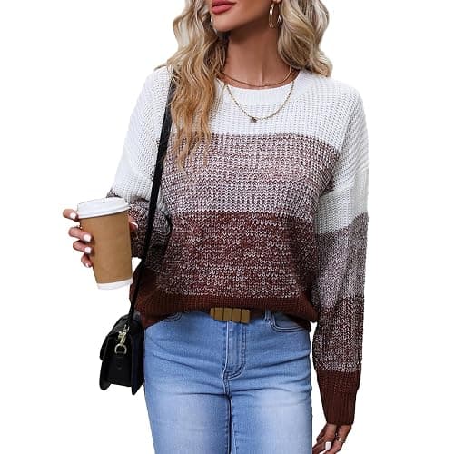 QIANSIQIANBO Women's Striped Color Block Sweater Long Sleeve Crewneck Casual Loose Fit Soft Knit Sweater Pullover Tops - Image 1