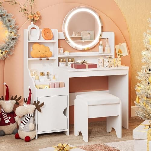 Vabches Kids Vanity with Lights, Toddler Vanity Table and Chair Set | Princess Makeup Vanity Desk with Open Bookshelf, Storage Cabinet & Shelves, Pretend Play Vanity Set for Little Girls, White - Image 1