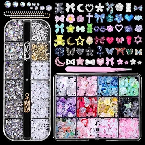 3D Nail Charms Set, Color Flower Bow Moon Heart Star Nail Art Charms, Half Round Pearl & Flatback Gems AB, Hollow Butterfly Alloy Nail Art Supplies DIY Accessories - Image 1