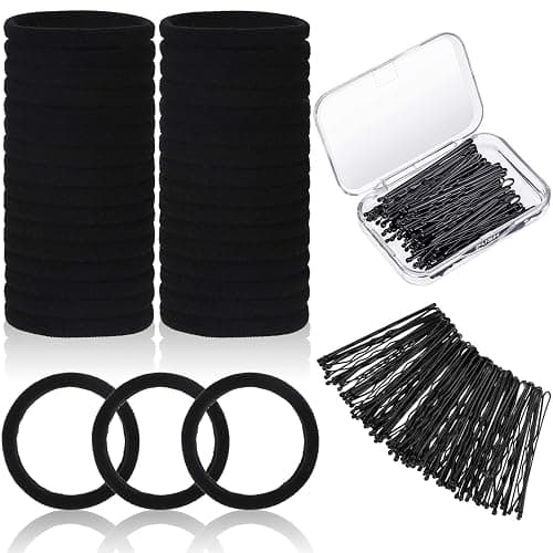 60 Black Seamless Hair Ties and 60 Black Bobby Pins with Box for Thick, Heavy, and Curly Hair - No Metal Ponytail Holders for Girls and Women - Image 1