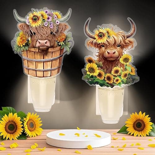 2 Pack Sunflower Highland Cow Wall Fragrance Plug in with Night Light, Compatible with Bath and Body Works Cattle WallFlower Plug-in Diffuser with Magnetic Plug Design for Home Office - Image 1