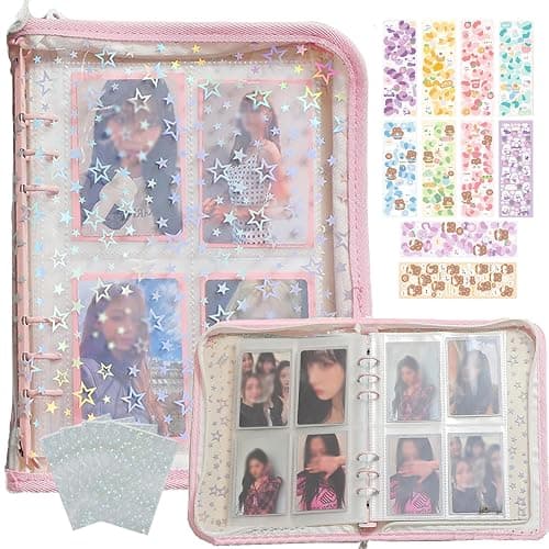 Lora Rossie Kpop Photocard Binder with 6 Stickers Sheet & 50 Shinning Protective Card Sleeves Kpop Photocard Holder Book, A5 Binder Photocard Album 25 Inner Pages with 200 Pockets 6 Ring (Pink) - Image 1