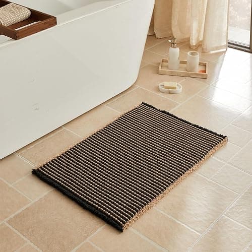 Triohero Waffle Bath Mat, Small Boho Bathroom Rugs Non Slip Washable, Ultra Soft Super Absorbent Quick Dry Farmhouse Bathroom Decor, 16" x 24", Black & Khaki - Image 1