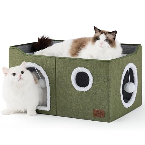 Bedsure Large Cat Beds for Indoor Cats - Extra Wide Cat Cube House for Small Pet with Fluffy Ball Hanging and Scratch Pad, Foldable Pet Cave Hideaway for Multiple Cats, 23.6x16.9x13 inches - Image 1