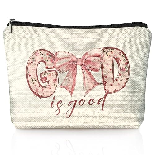 LIANGW God Is Good Pink Christian Makeup Bag, Coquette Pink Bow Preppy Cosmetic Bags for Women, Religious Christian Gifts for Women, Girly Stuff, Preppy Aesthetic Zipper Makeup Pouch - Image 1
