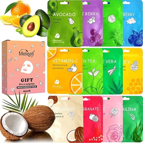 Meleell 12 Pack Collagen Face Masks Skincare Bulk,Hydrating Spa Face Mask for Sensitive Skin,Sheet Mask for Skin Care, Facial Mask Sets Gifts for Women/Teen Girls/Kids - Image 1