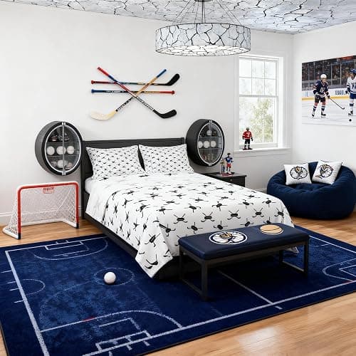 Ice Hockey Kids Sheet Full Size,Winter Ball Sports Games Competition Bedding Set,Girls Boys Adults Room Decor,Simple Modern Fashion Black White Bed Sheet Set 4pcs(Fitted + Flat + 2 Pillowcases) - Image 1