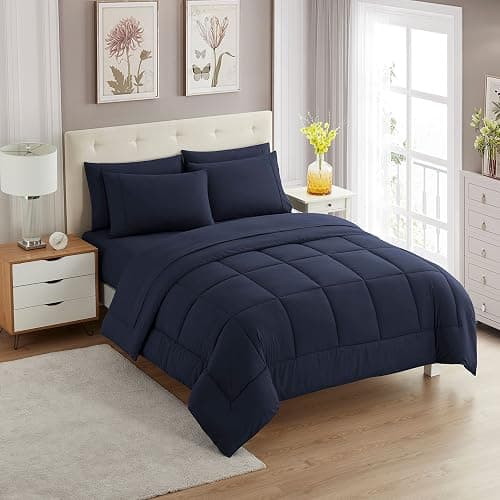 Full Size Comforter Set with Sheets - 7-Piece Bedding Collection - 1 Comforter, 1 Fitted Sheet, 1 Flat, 4 Pillowcases - Deep Pocket - Soft & Premium Quality - Ideal for All Seasons, Navy Blue - Navy - Full - Image 1