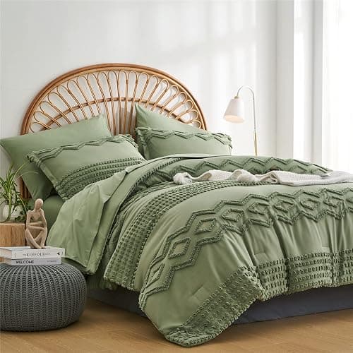 Sage Green Tufted Comforter Set Full Size 7 Piece Bed in a Bag, Shabby Chic Boho Comforter and Sheet Set, Pom Pom Textured Bed Set, All Season Soft Microfiber Complete Bedding Set(Green,Full) - Sage Green - Full(7-Piece Set) - Image 1
