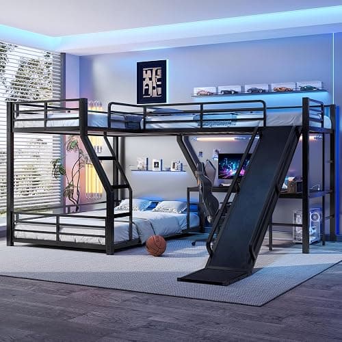 Triple Bunk Beds, L-Shape Twin Over Full Bunk Bed Attached a Loft Bed with Desk, Triple Bunk Bed with Slide and USB Ports, Metal Corner Bunkbed Frame for Three Kids Boys Girls Teens, Metal Black - Image 1