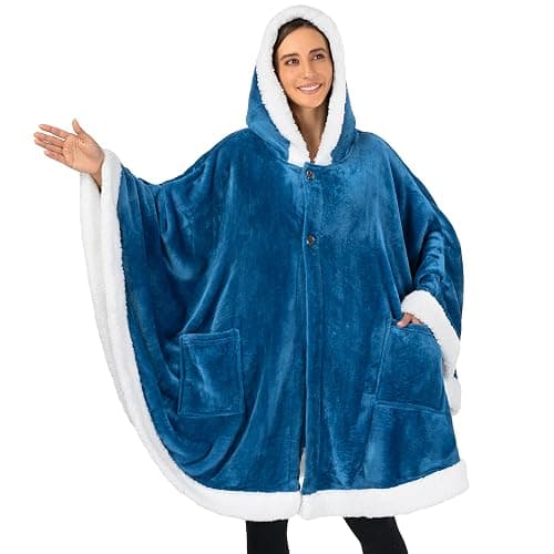 PAVILIA Wearable Blanket for Adult Women, Cozy Plush Fleece Blanket Poncho Cape with Hood, Super Soft Shawl, Angel Wrap Throw for Office, Turquoise Sea Blue - Image 1