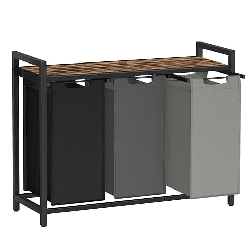 VASAGLE Laundry Hamper, Laundry Basket, Laundry Sorter with 3 Pull-Out and Removable Bags, Shelf, Metal Frame, 3 x 10.6 Gallons (40 L), 36.4 x 13 x 28.4 Inches, Tricolor and Rustic Brown UBLH301X01 - Tricolor + Rustic Brown - 120 L - Image 1