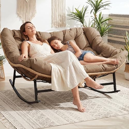 NICESOUL Double Large Papasan Chair Outdoor, Oversized 2 Person Egg Rocking Chair with Cushions, 700 lbs Heavy-Duty Wicker Loveseat Recliner Glider for Outdoor & Indoor Patio, Balcony & Garden, Brown - Image 1