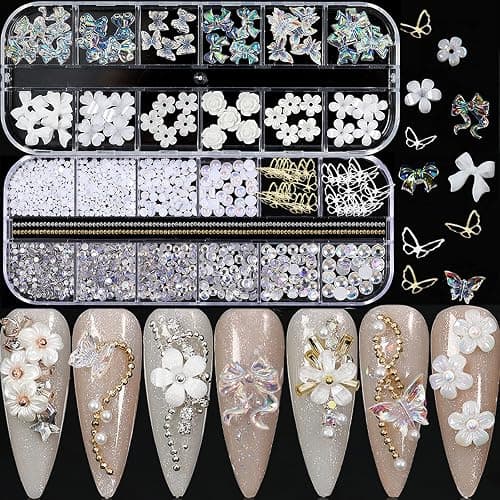 Acrylic Butterfly Flower Bear Nail Art Pendant Art, Multi-shape Pearl Rhinestone Golden Metal Applique Jewelry Accessories Production (S1-Bow Rhinestones) - S1-Bow Flower Rhinestones - Image 1