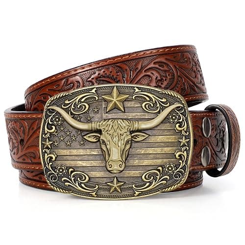 SANSTHS Western Cowboy Belts for Men Women, Mens Western Belt Bull Buckle Country Belt Cowboy Leather Belt for Jeans - Image 1