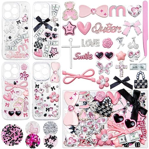 RQAYE Junk case charms,Junk Phone Case Charms Kit,Pink Charms for Customizing Diy Cases,With Cute Bow,Flatback Pearls - Image 1