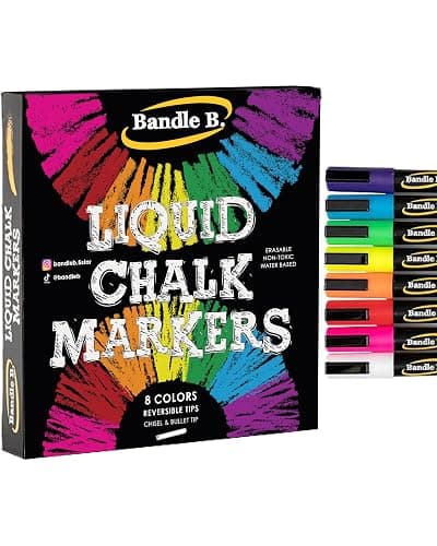 Bandle B. Chalk Markers - 8 Vibrant, Erasable, Non-Toxic, Water-Based, Reversible Tips. For Glass or Chalkboard Markers for Businesses, Restaurants, Liquid Drawing Chalk (Vibrant 6mm) - Image 1