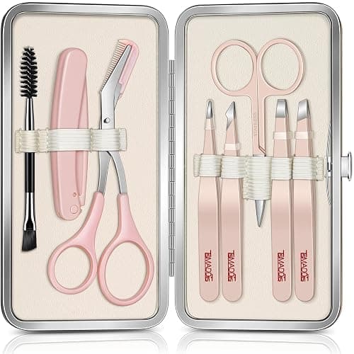 TsMADDTs Tweezers for Women Facial Hair, 8 in 1 Eyebrow Kit with Tweezers, Eyebrow Trimmer Scissors, Razor, Brush with Travel Bag, Hair Plucking Daily Beauty Tools - A-pink - Image 1