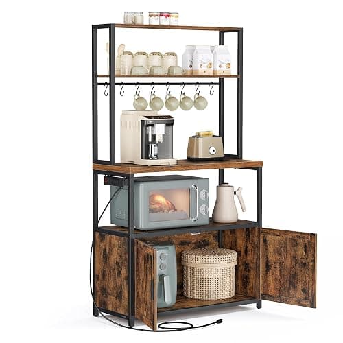 VASAGLE Kitchen Bakers Rack with Power Outlet, Coffee Bar with 35.4-Inch High Worktop, Microwave Stand with 8 Hooks, 15.7 x 31.5 x 66.9 Inches, Rustic Brown and Ink Black UKKS059K01 - Image 1
