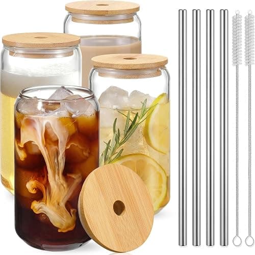 ZUFIO Lot de 4 gobelets en verre avec couvercles et pailles en verre – 450 ml – Joli verre à café glacé résistant à la chaleur et à la glace – Gobelet transparent pour café, smoothie, soda, cocktail - Image 1