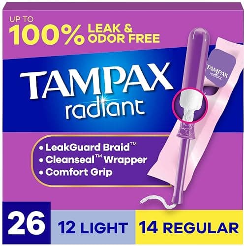 Tampax Radiant Tampons Multipack, with LeakGuard Braid, Light/Regular Absorbency, Unscented, 26 Count - Image 1