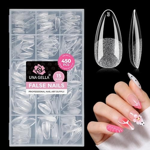 UNA GELLA Gel Nail Tips Almond Shape Medium Pre-etched 450PCS 15 Sizes | Full Cover Soft Gel Almond Press On Nail Tips, Easy DIY Salon Clear Fake False Nail Extensions Long-Lasting Hold - Image 1