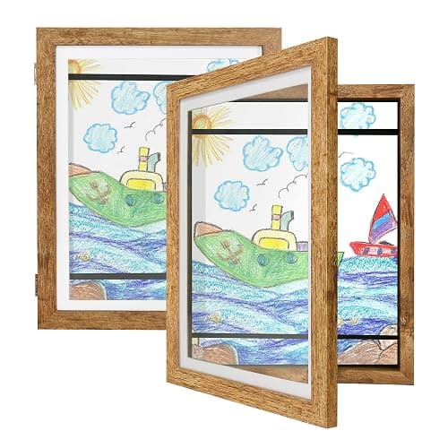 Kids Art Frames 9x12 Set of 2 - Front Opening Childrens Picture Frame Changeable, Wood Artwork Display Storage for Wall Mount, Magnetic Door Holds 50 Art Pieces for Drawings, 3D Picture, Crafts, Portfolio, Brown - Image 1