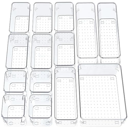 SMAZIUL 14 Pcs Clear Drawer Organiser with 4 sizes Desk Organizer ideal for organizing, cosmetics, makeup, jewelry, office supplies, bathroom accessories & much more - Image 1