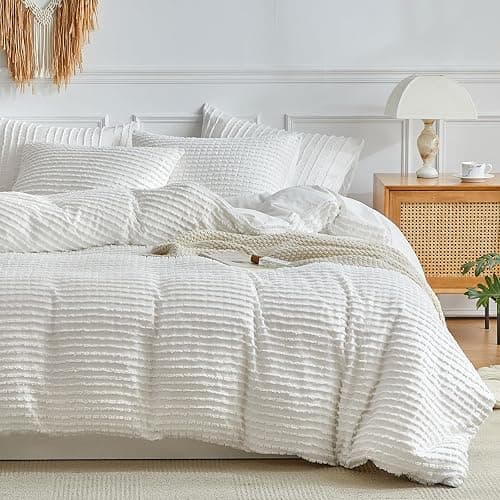 WARMDERN Boho Duvet Cover Set Queen Size,White Striped Duvet Cover Microfiber Bedding Set,3PCS Ultra Soft Breathable Lightweight Tuft Texture Pattern Duvet Covers with Zipper Closure(White,Queen) - Image 1