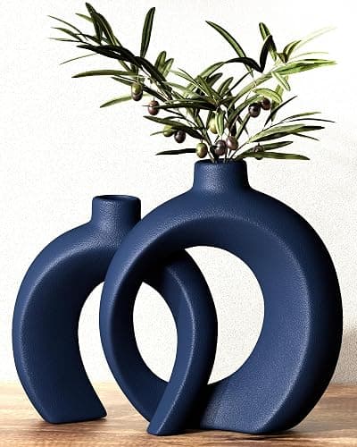 Blue Vase Set of 2 - Donut Navy Vases Home Decor, Modern Coastal Decor - Decorative Vase, Ceramic Decorations for Living Room Coffee Table Bookshelf Shelf Console Mantle (Matte Navy Blue) - Image 1