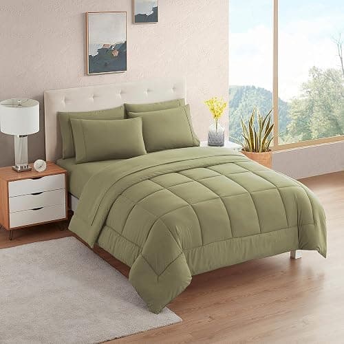 Sweet Home Collection 5 Piece Comforter Set Bag Solid Color All Season Soft Down Alternative Blanket & Luxurious Microfiber Bed Sheets, Sage, Twin - Image 1