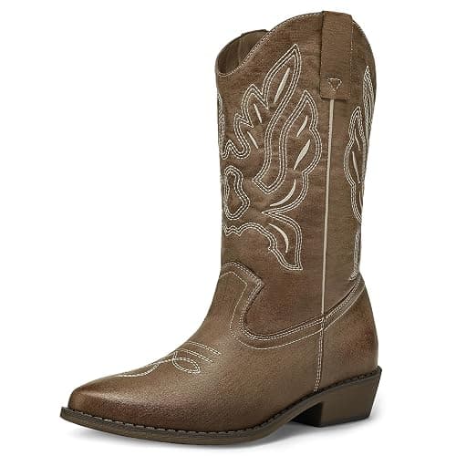 mysoft Cowboy Boots for Women-Mid Calf Chunky Heel Cowgirl Boots | Pointed-toe western boots with pull-on closure; calf width available. Perfect for country style and daily wear - Image 1