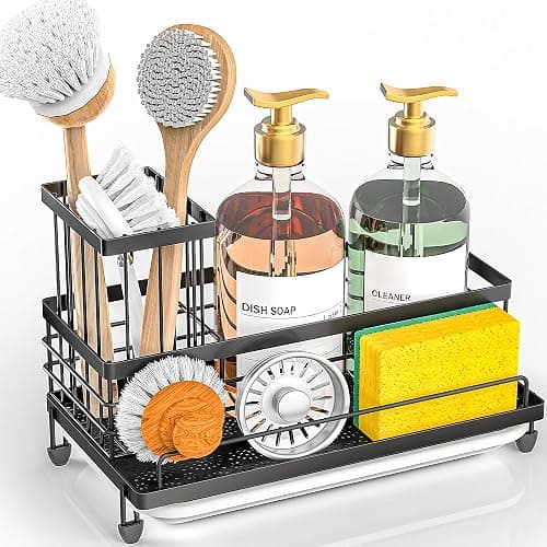 Cisily Kitchen Sink Caddy Organizer, Rustproof Non-Slip Soap Dish Dispenser Brush, Sponge Holder for Kitchen Sink, Kitchen Organization and Storage, Home Essentials Accessories(Matte Black) - Black - Image 1