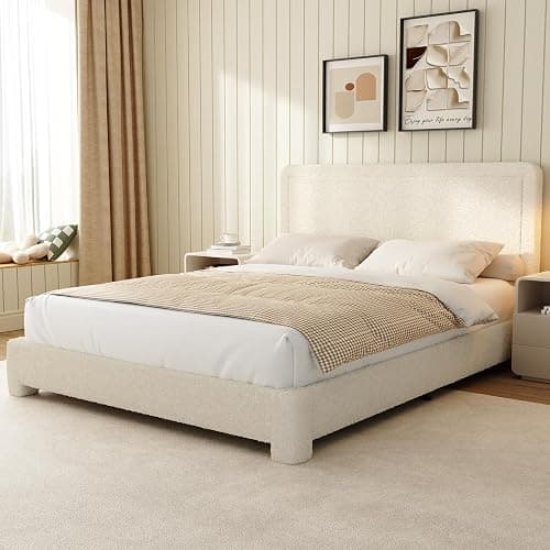 Queen Size Boucle Bed Frame, Modern Cream Bed Frame with Headboard, Soft Rounded Corners, No Box Spring Required, Adjustable Headboard, Easy Assembly - Image 1